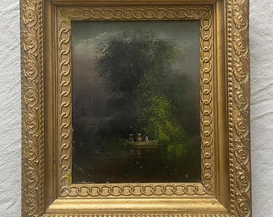 Antique Oil Painting | Moody River Fishing Scene
